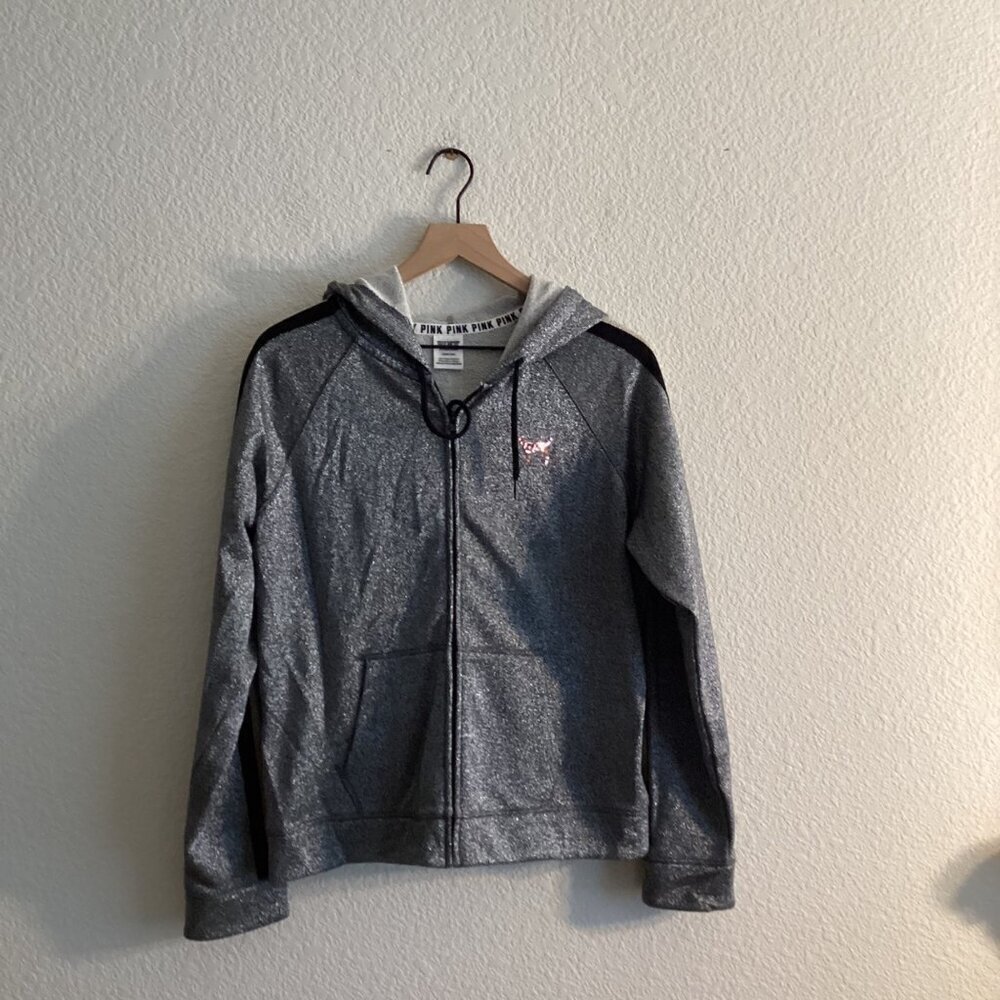 PINK Victoria’s Secret Hoodie Women's Jacket Large – Gray, Sequin Logo, Full Zip - Picture 4 of 9